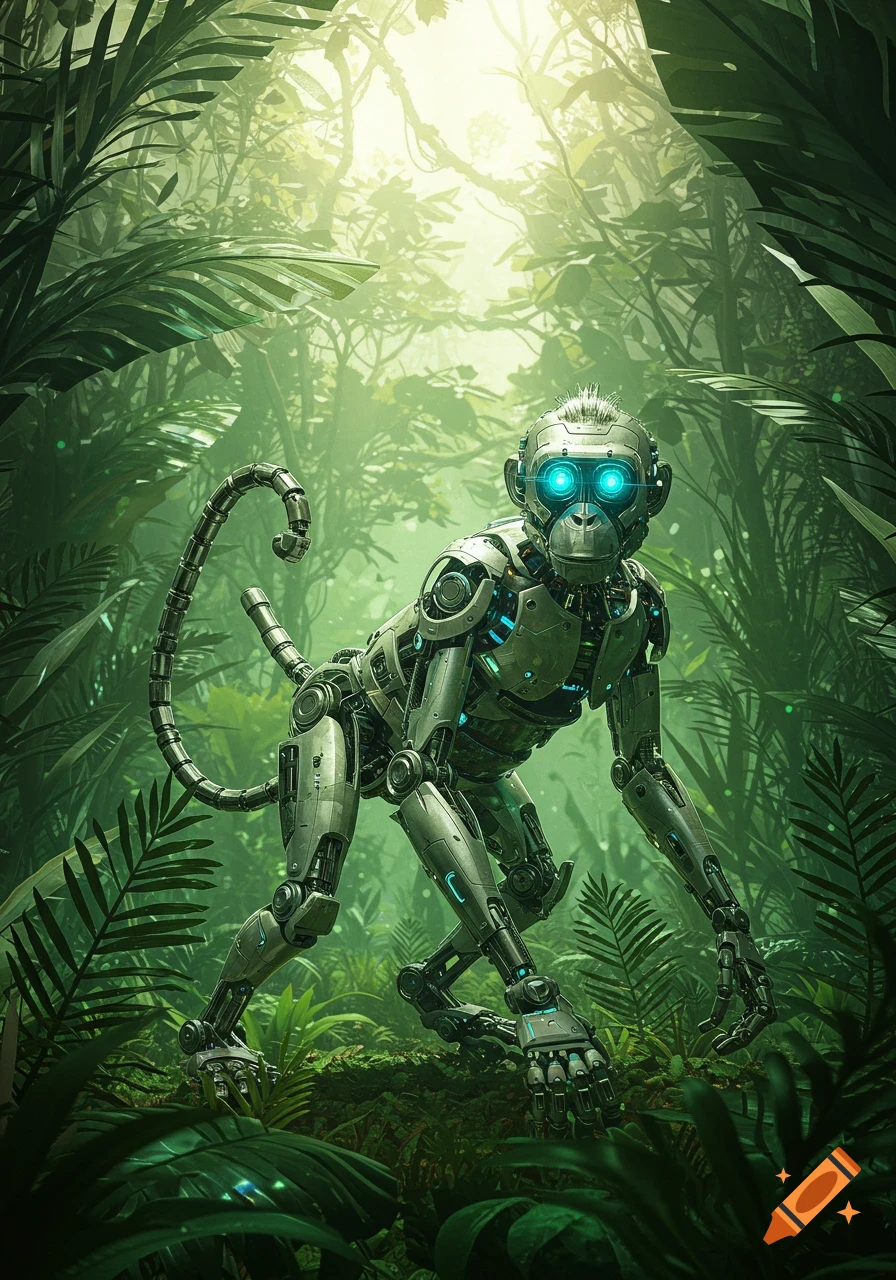 A detailed, photorealistic robotic monkey with glowing blue eyes crouches in a lush, vibrant jungle bathed in sunlight.