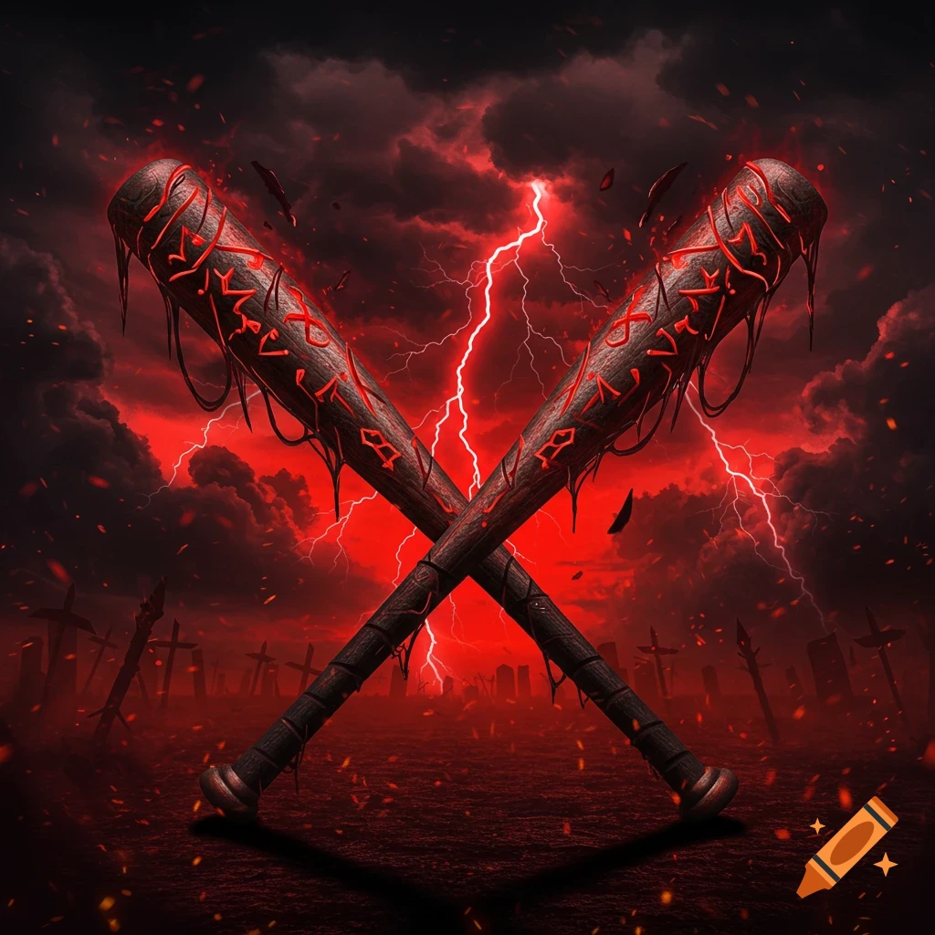Two evil-looking baseball bats with glowing red runes, crossed against a stormy red sky with lightning and a cemetery background.
