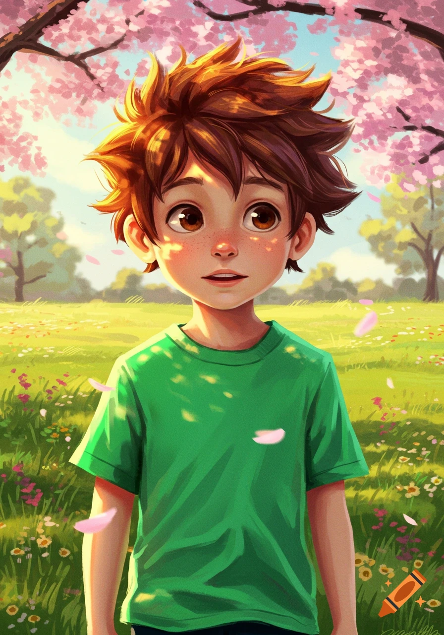 A digital illustration of a young boy with fluffy brown hair and a green t-shirt, standing in a sunny field with pink cherry blossoms.