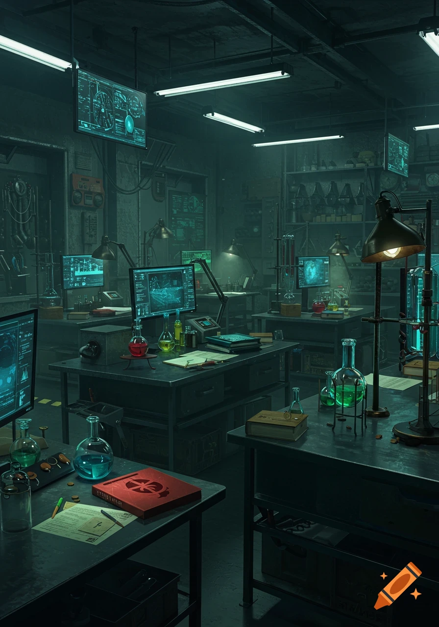 A dark, sci-fi laboratory with multiple workstations, glowing screens, beakers, and scientific equipment.