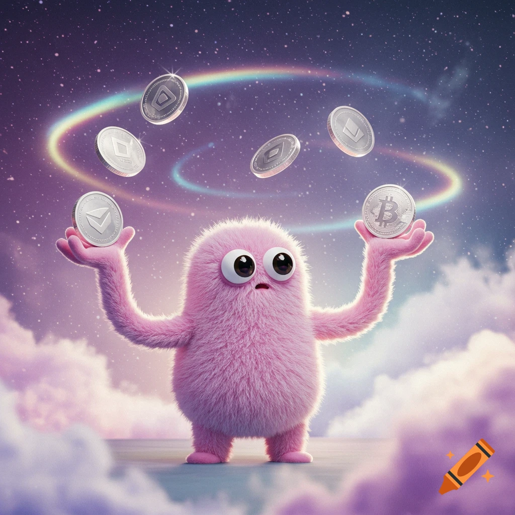 A fluffy pink monster juggles shiny cryptocurrency coins under a starry, cloudy sky with a rainbow ring, 3D cartoon style.