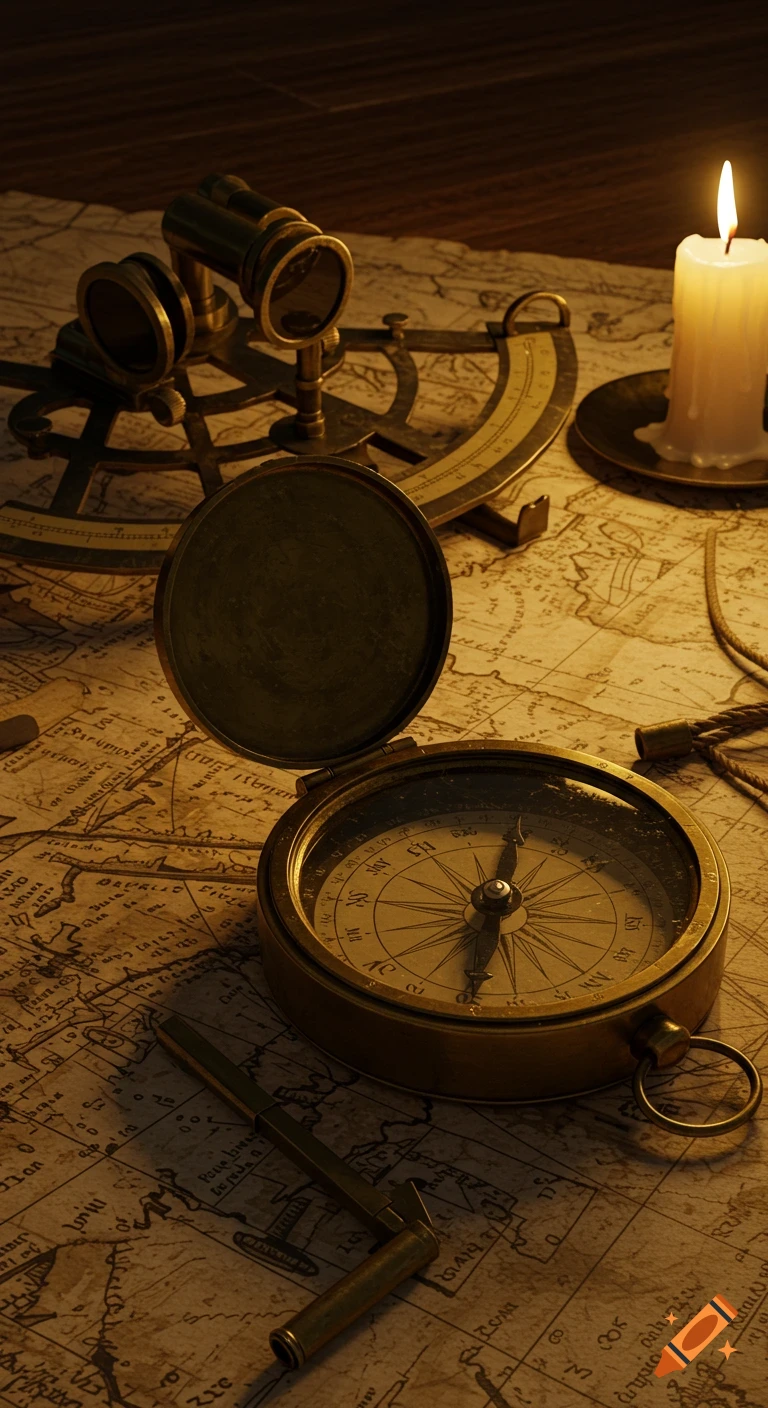 Realistic still life of antique navigation tools: a compass, sextant, dividers, and a lit candle on an old map.