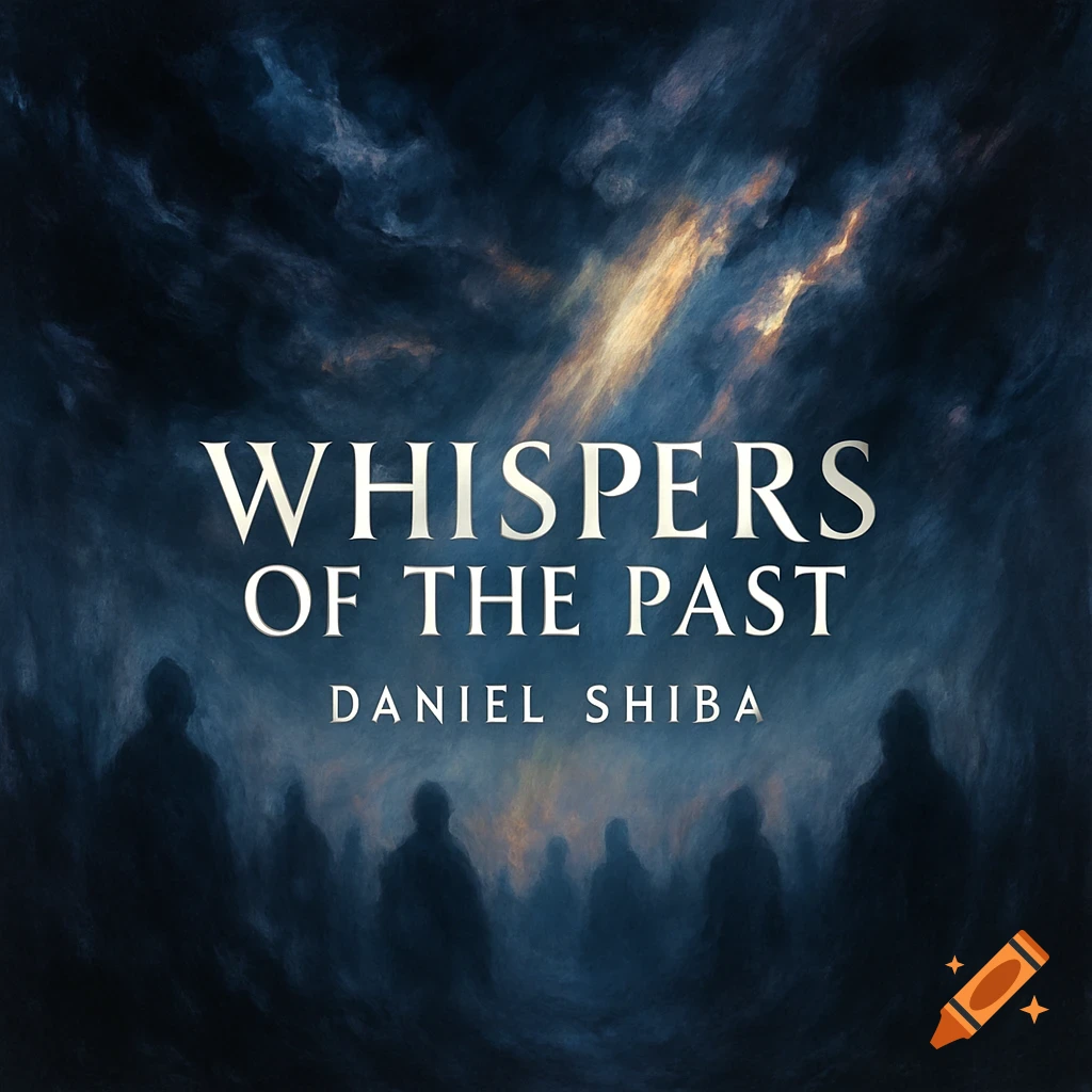 Album cover for Whispers of the Past by Daniel Shiba, featuring dark stormy clouds, a golden light streak, and silhouettes of ghostly figures.