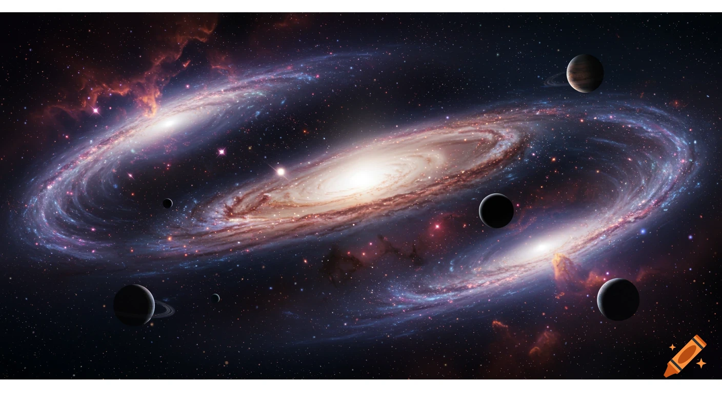 Vibrant view of multiple swirling galaxies, nebulae, and planets in a star-filled cosmos.