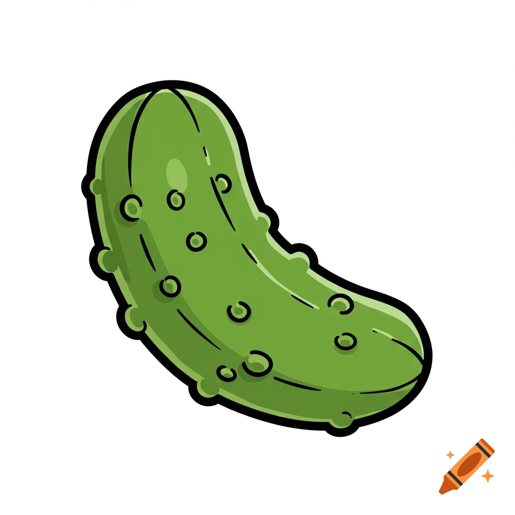 A simple cartoon illustration of a green pickle with thick black outlines.