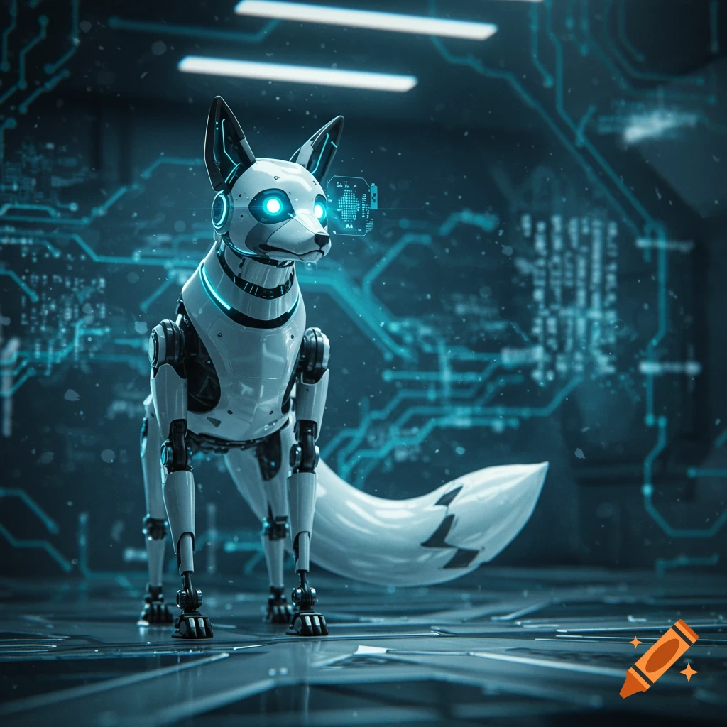 A sleek white robotic fox with glowing blue eyes stands in a dark, futuristic room with blue circuit patterns.