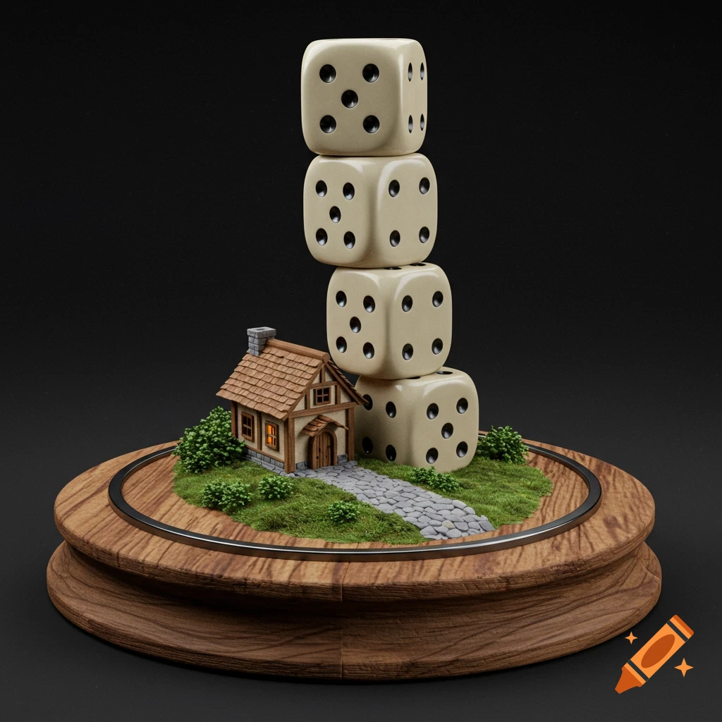 A photorealistic trophy showing four stacked dice next to a small illuminated cottage on a wooden base with grass and a path.