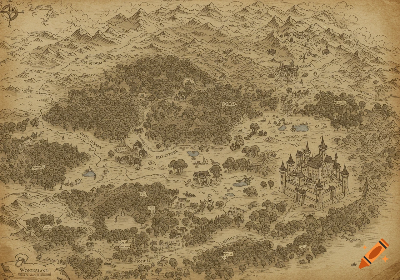 An old, vintage fantasy map illustrating a vast world with mountains, forests, lakes, rivers, and two large castles, in a detailed, hand-drawn style.