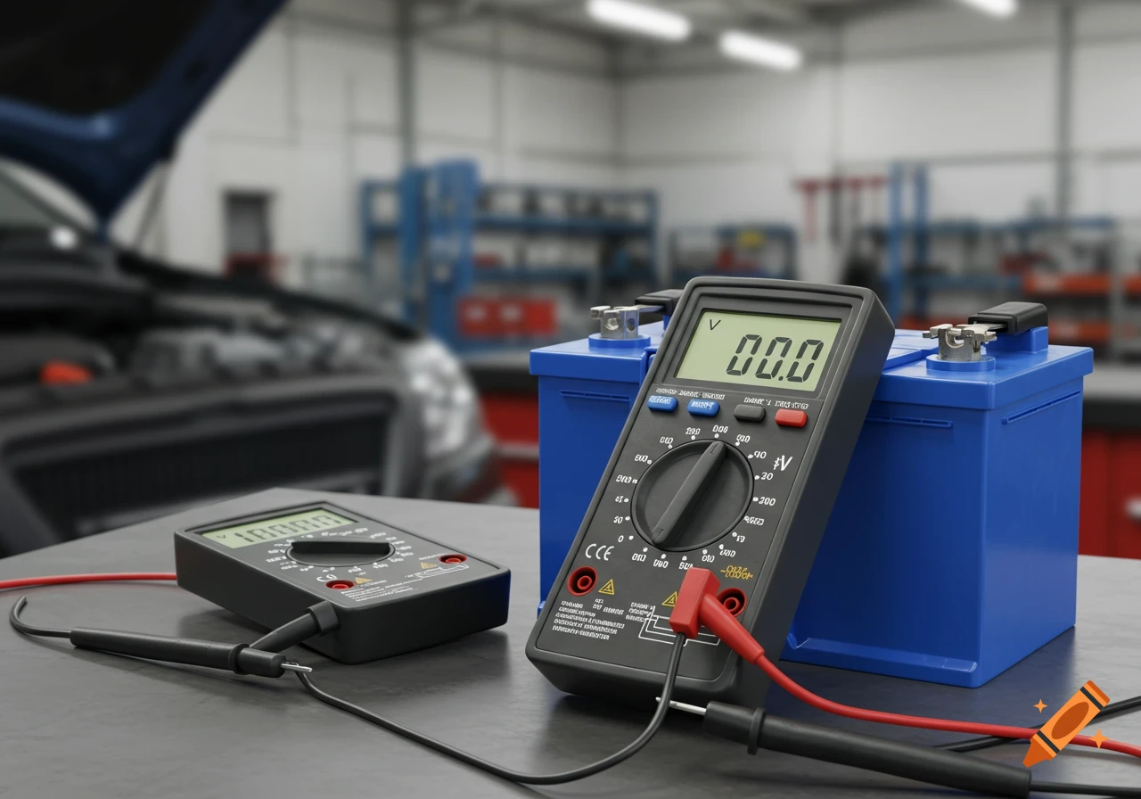 Two multimeters and two blue car batteries on a workbench in an auto repair shop.