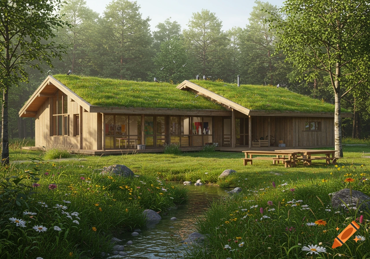 A modern wooden building with a green grass roof sits in a vibrant meadow with wildflowers, a creek, and a dense forest in soft morning light.