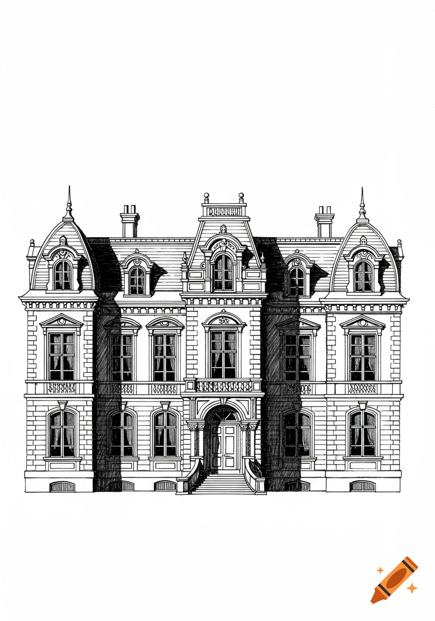 Detailed black and white architectural line drawing of an ornate European-style mansion with multiple windows and a grand entrance.
