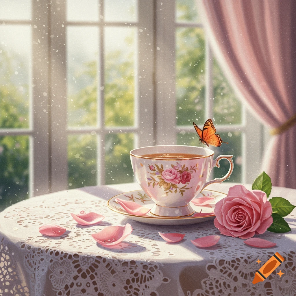 Elegant teacup with pink roses, a fresh pink rose, and petals on a lace table, a butterfly hovers as sunlight streams through a window.