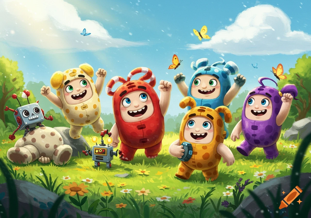 Six colorful cartoon Oddbods characters and two robots are cheerful and playing in a sunny grassy field with flowers and butterflies.