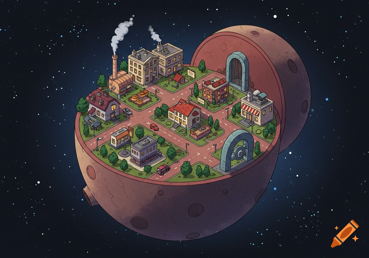 An isometric cartoon illustration of a vibrant city with roads, buildings, and trees, nestled on a half-planet floating in starry space.