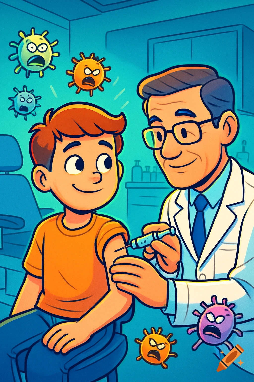 A cartoon doctor vaccinates a smiling boy as scared cartoon germs float around them in a doctor's office.