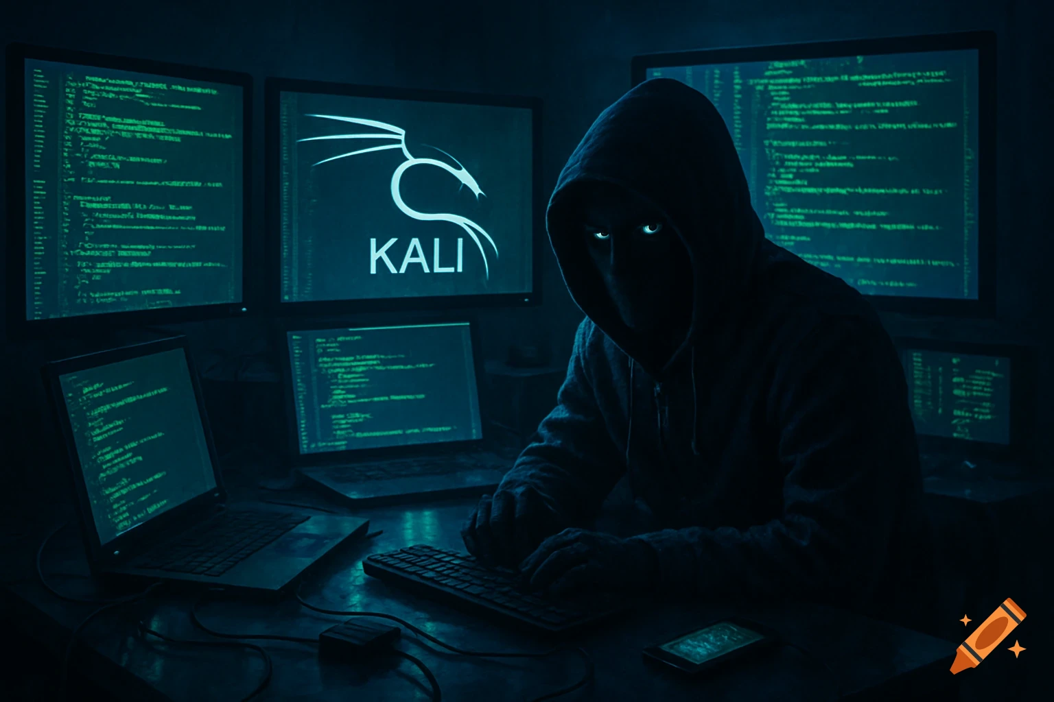 A hooded hacker with glowing eyes types at a keyboard in a dark room surrounded by multiple monitors displaying code and the Kali Linux logo.