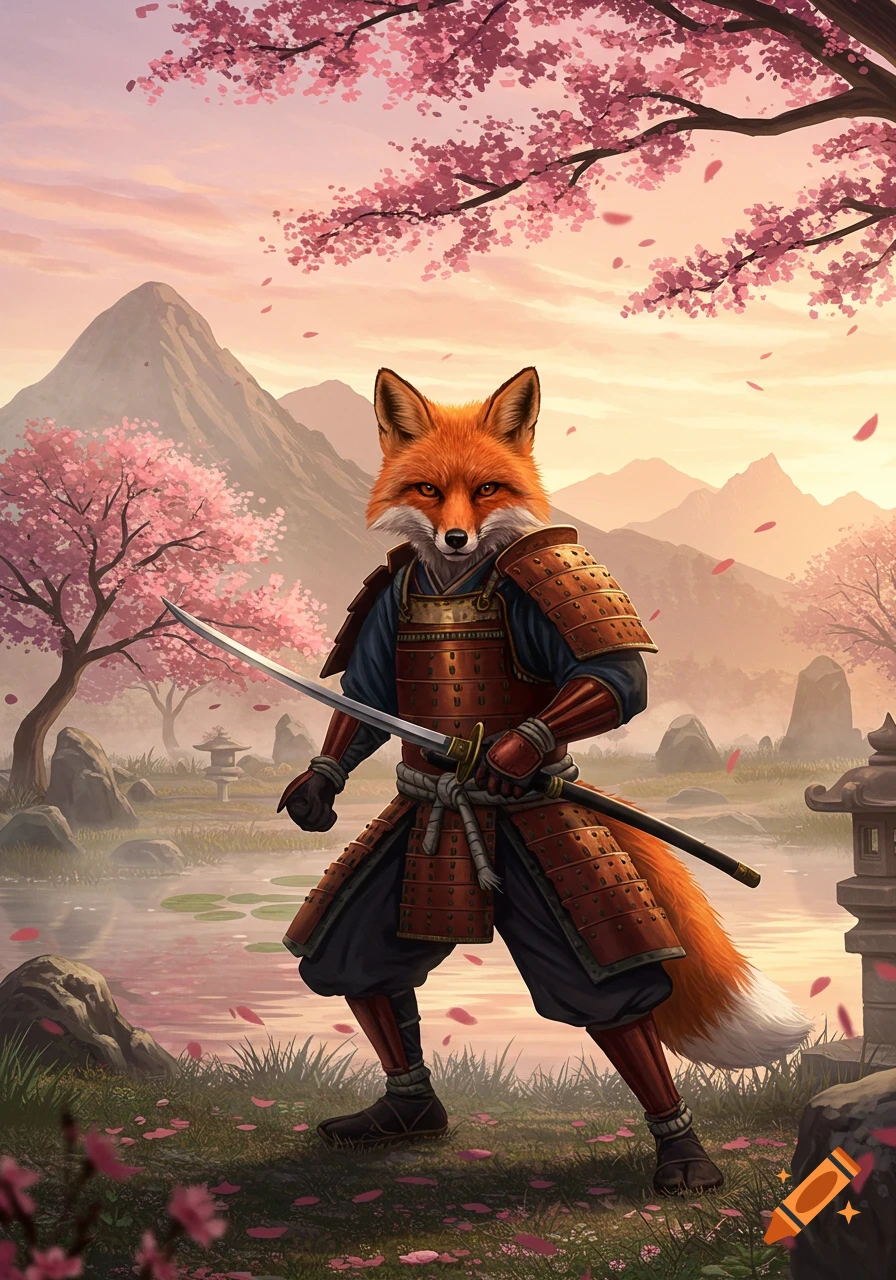 A fox samurai stands in a serene Japanese landscape with cherry blossoms and mountains at sunrise, holding a katana.