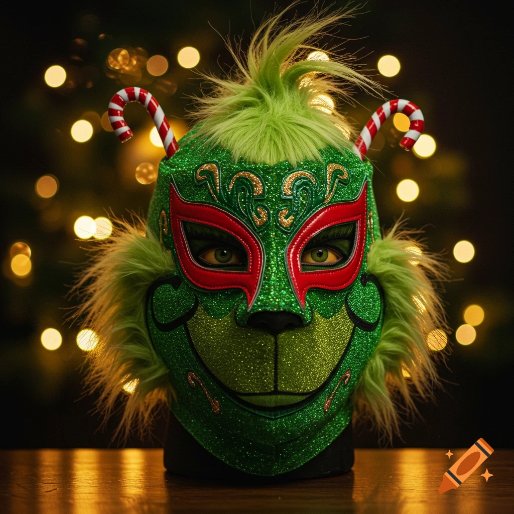 A vibrant green, glittery Grinch-themed lucha libre mask with red accents and candy cane horns, on a wooden surface with bokeh lights.