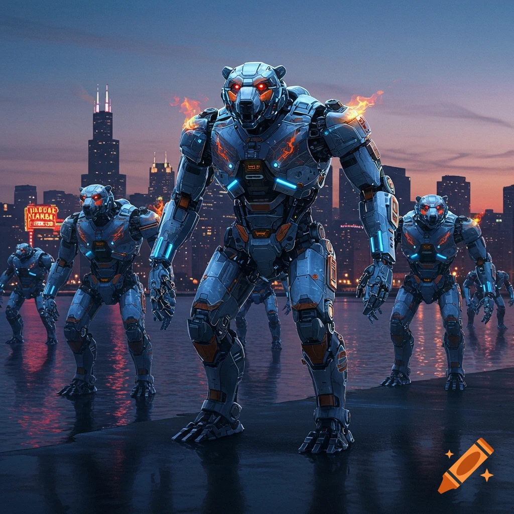Large robotic bears with glowing eyes and accents stand on a waterfront, with a city skyline visible at dusk.