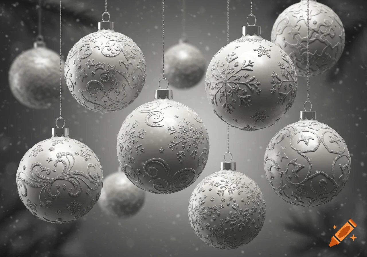 White Christmas ornaments with intricate patterns hang against a blurred, snowy background.