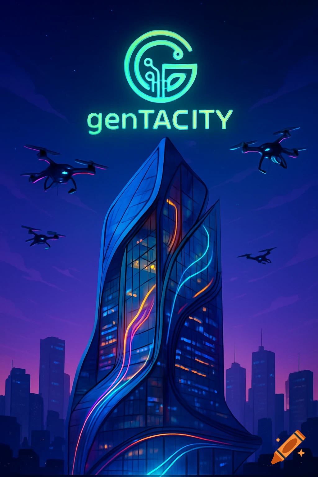 A futuristic cityscape at night with a large, glowing blue skyscraper, several drones flying around it, and a 'genTACITY' logo at the top. Digital art.