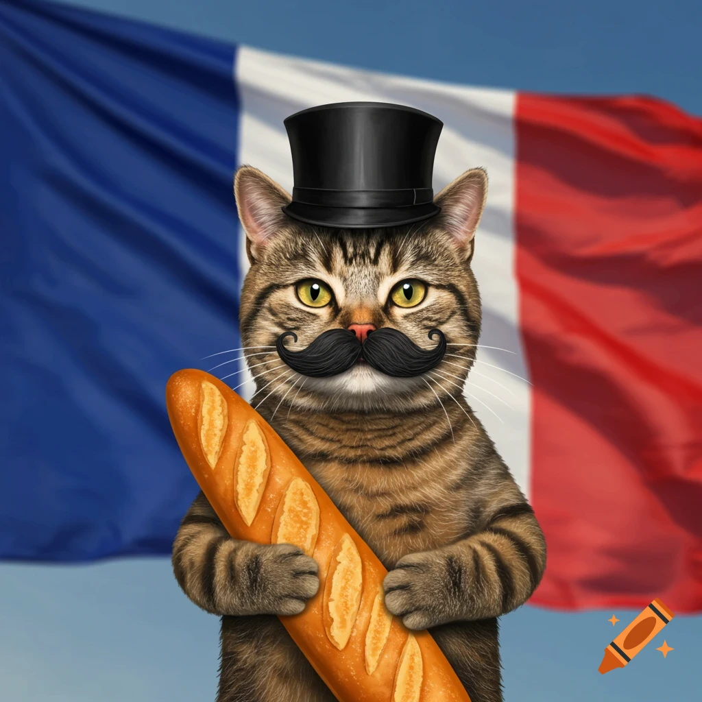 A tabby cat with a top hat and mustache holds a baguette in front of a French flag.
