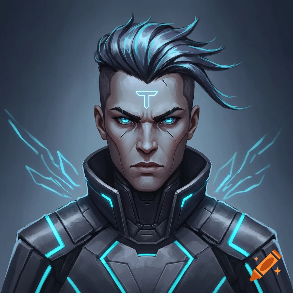 A futuristic male character with glowing blue eyes, slicked-back dark hair, and cybernetic armor with blue glowing accents, staring intensely.