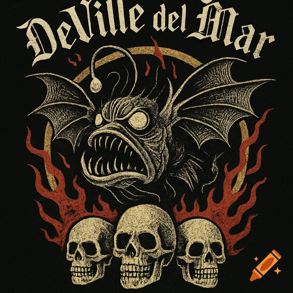 A vintage horror-style design featuring a winged anglerfish above three skulls, encircled by flames and text "DeVille del Mar".