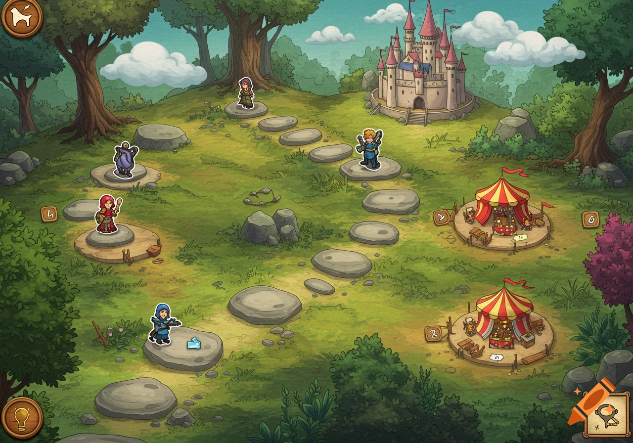Cartoon illustration of a fantasy board game map with a winding path of stepping stones leading past a castle, carnival tents, and characters.