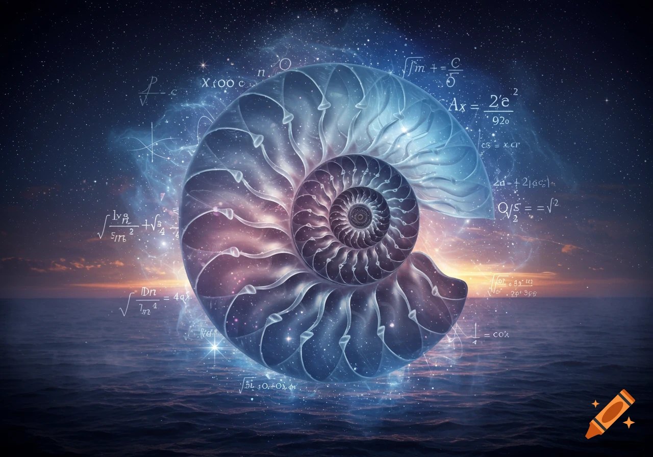 A luminous nautilus shell floats above an ocean, surrounded by mathematical equations and a cosmic starry sky with nebulae.