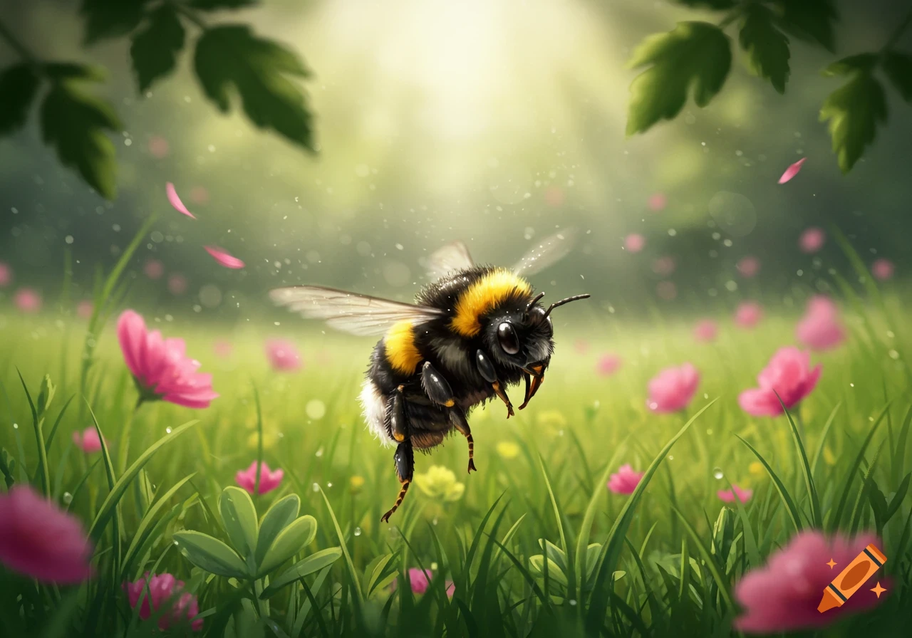 A fluffy bumblebee flies above a vibrant green meadow with pink flowers and falling petals in a whimsical, illustrative style.