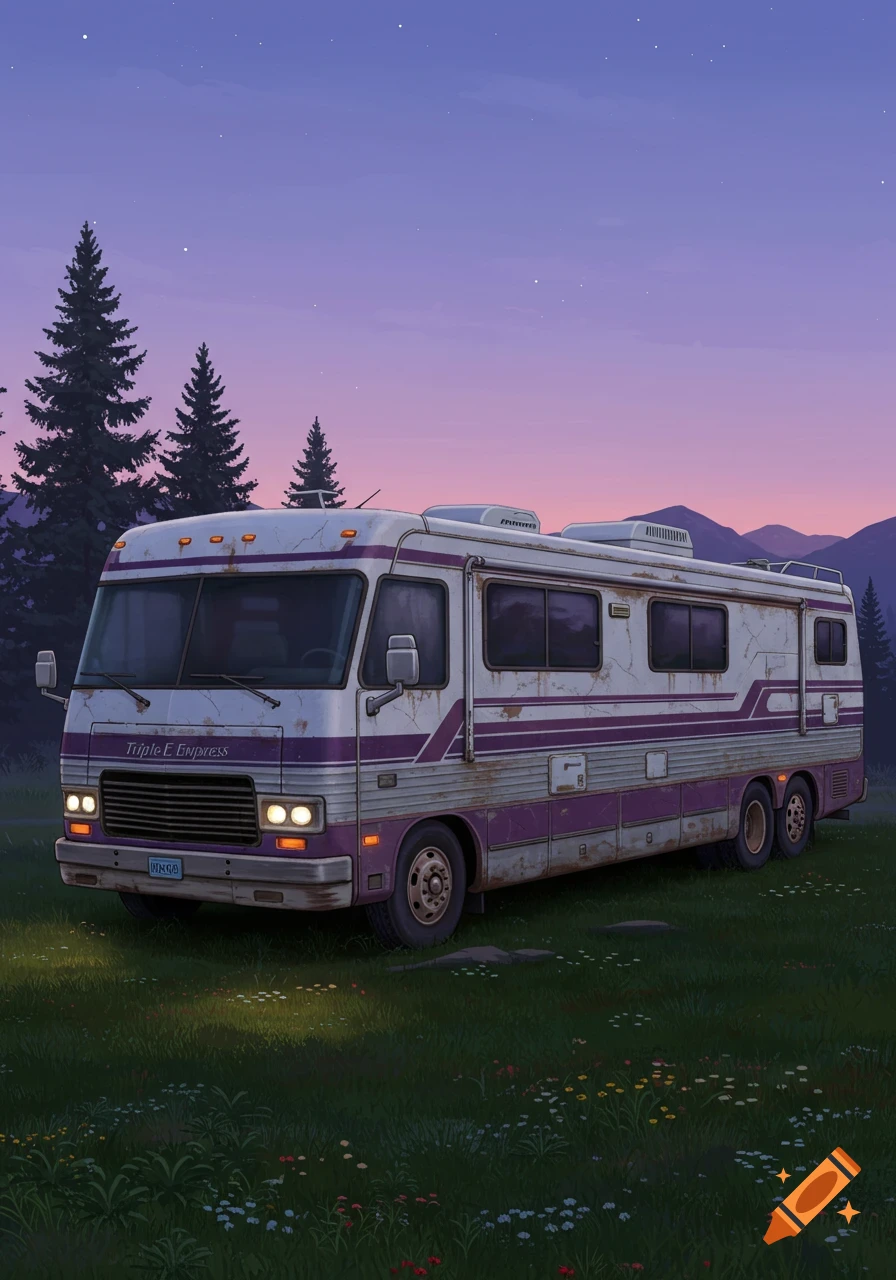 An old white and purple motor home parked in a grassy field with pine trees and mountains under a twilight sky.