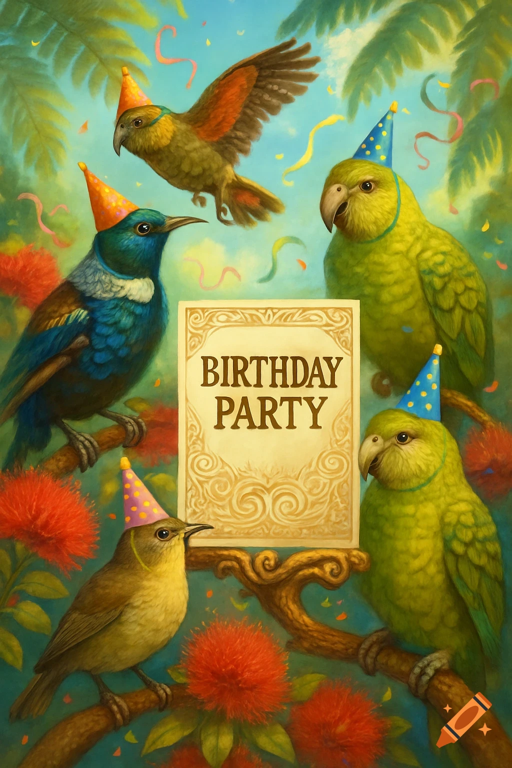 A colorful painting of several native New Zealand birds wearing party hats around a 'BIRTHDAY PARTY' sign, with red flowers and green foliage.
