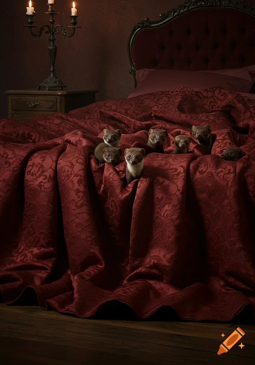 Photorealistic image of several weasels peeking out from a crumpled red duvet in a dimly lit, ornate bedroom.