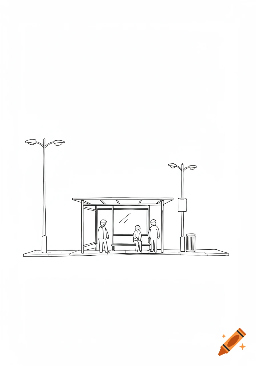 A simple black and white line drawing of people waiting at a bus stop with two lamp posts.