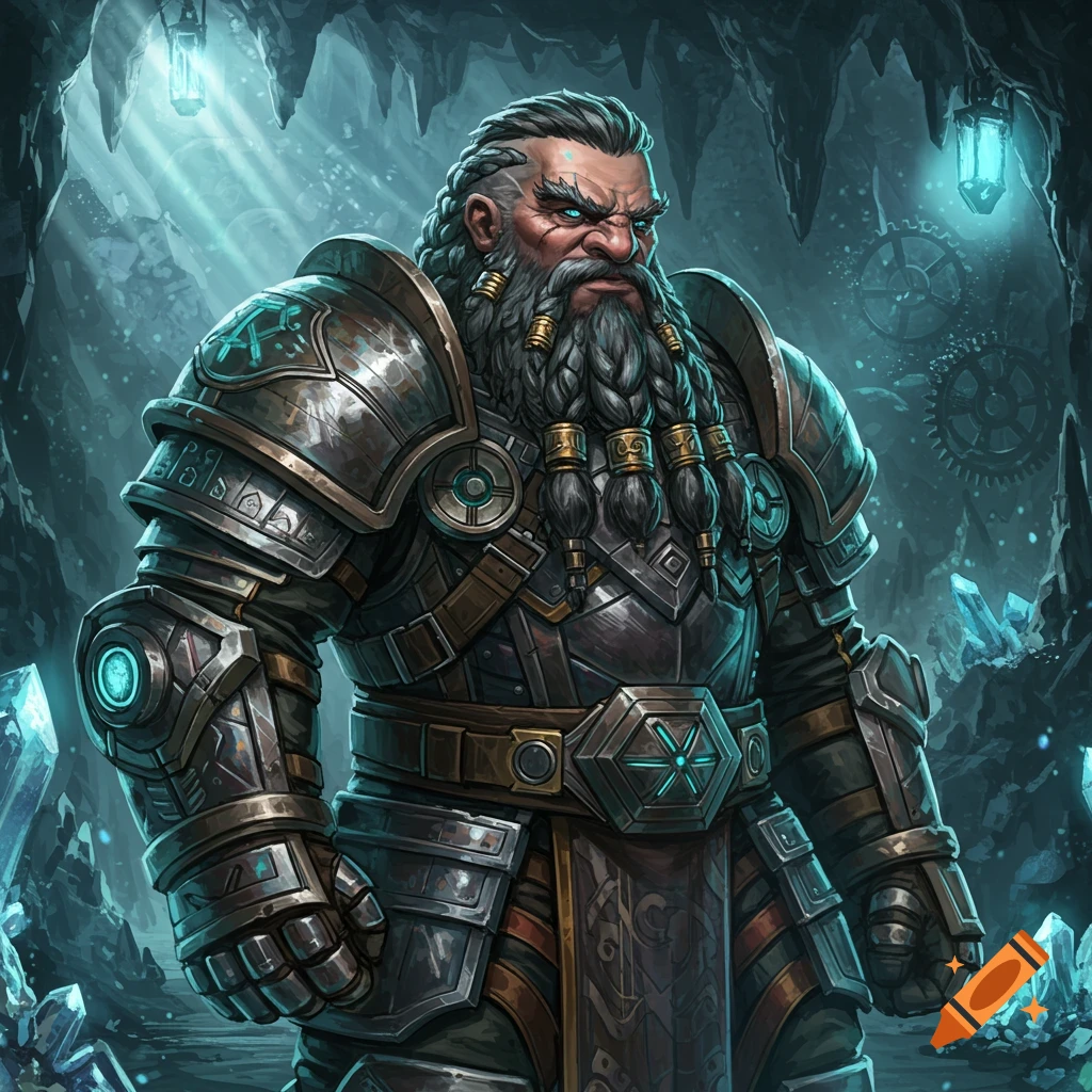 A formidable armored dwarf with a long braided beard and glowing blue eyes stands in a shimmering crystal cave.