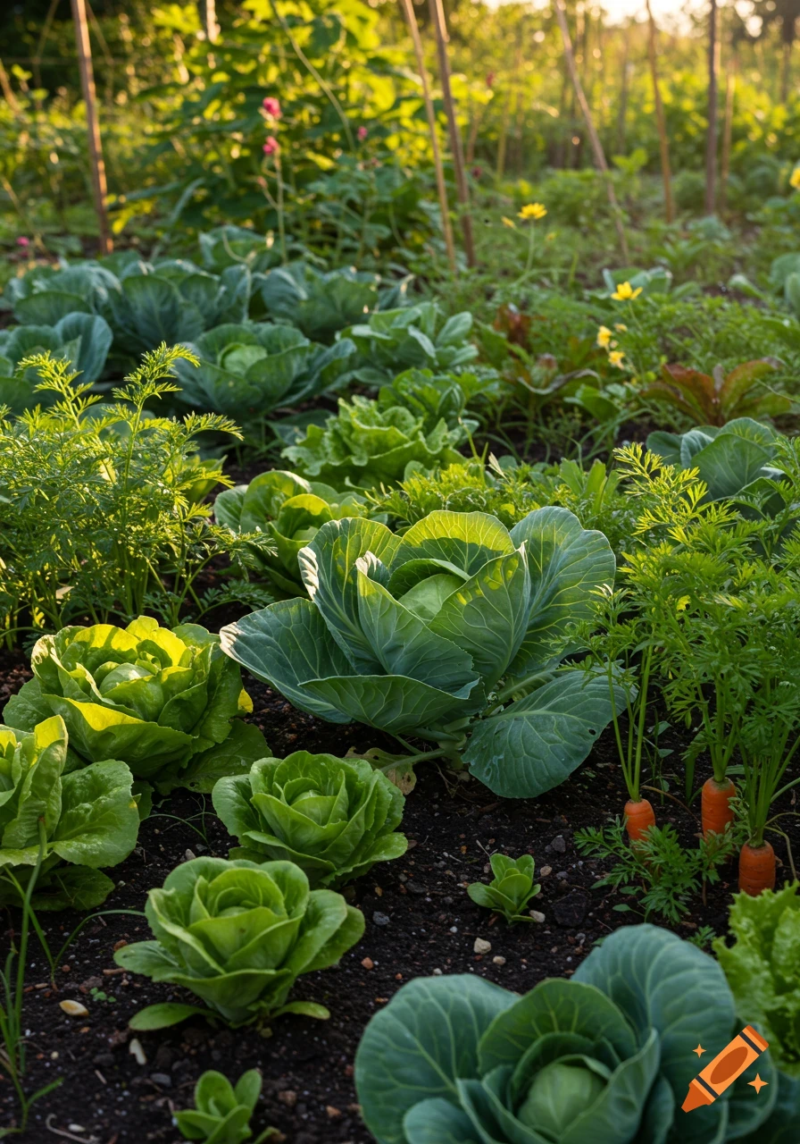Photorealistic close-up of a vibrant vegetable garden with cabbages, lettuce, and carrots in warm sunlight.