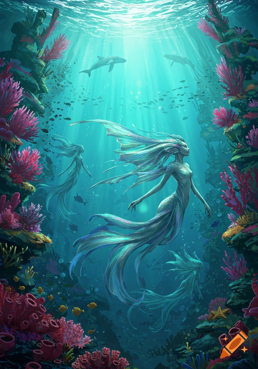 Detailed illustration of several mermaids swimming in a vibrant underwater coral reef with fish, dolphins, and sun rays.