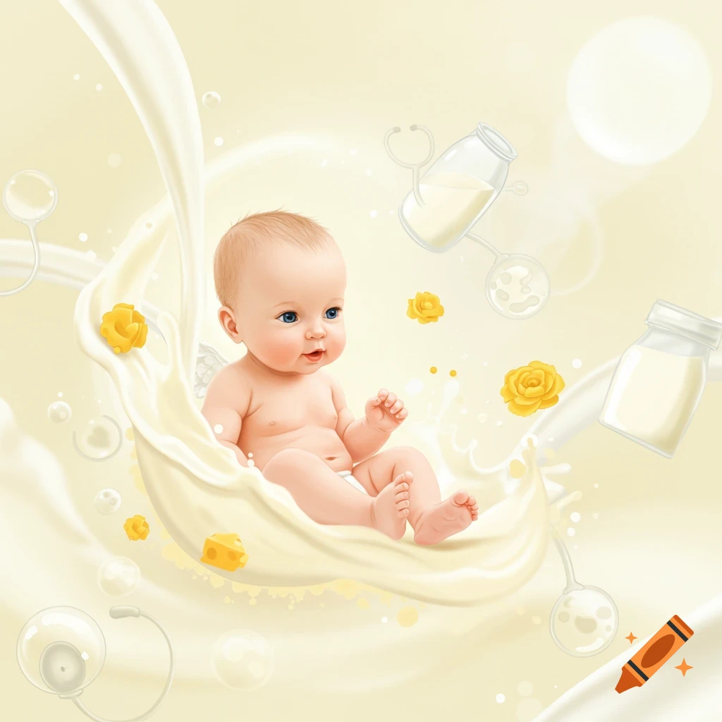 Illustration of a happy baby sitting in a milk splash, surrounded by floating milk bottles, stethoscopes, and yellow flowers.