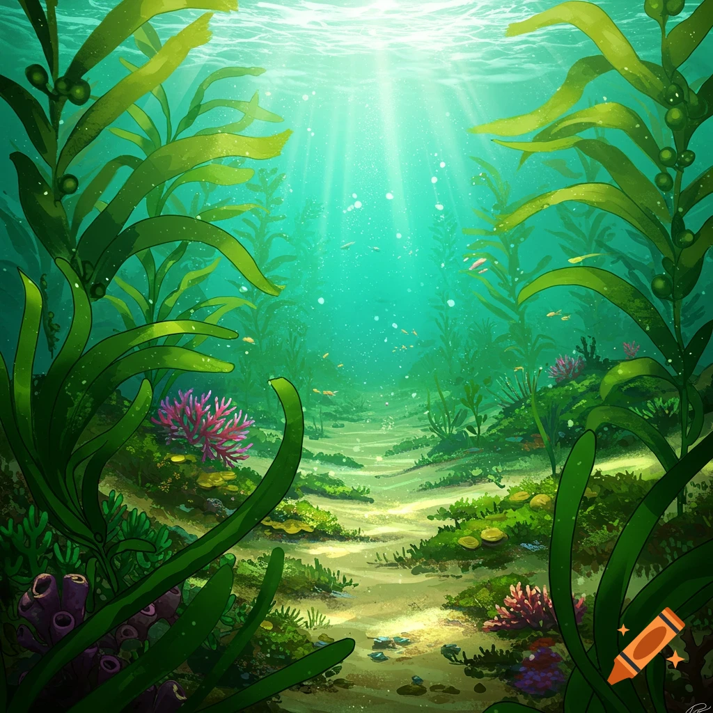 Vibrant underwater scene with tall green seaweed, sandy seabed, colorful coral, and sunlight filtering from the surface.