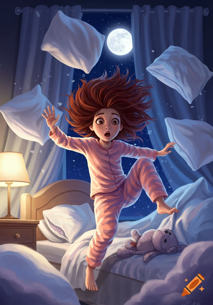 Cartoon illustration of a wide-eyed girl in pajamas jumping out of bed, pillows flying in a moonlit room.