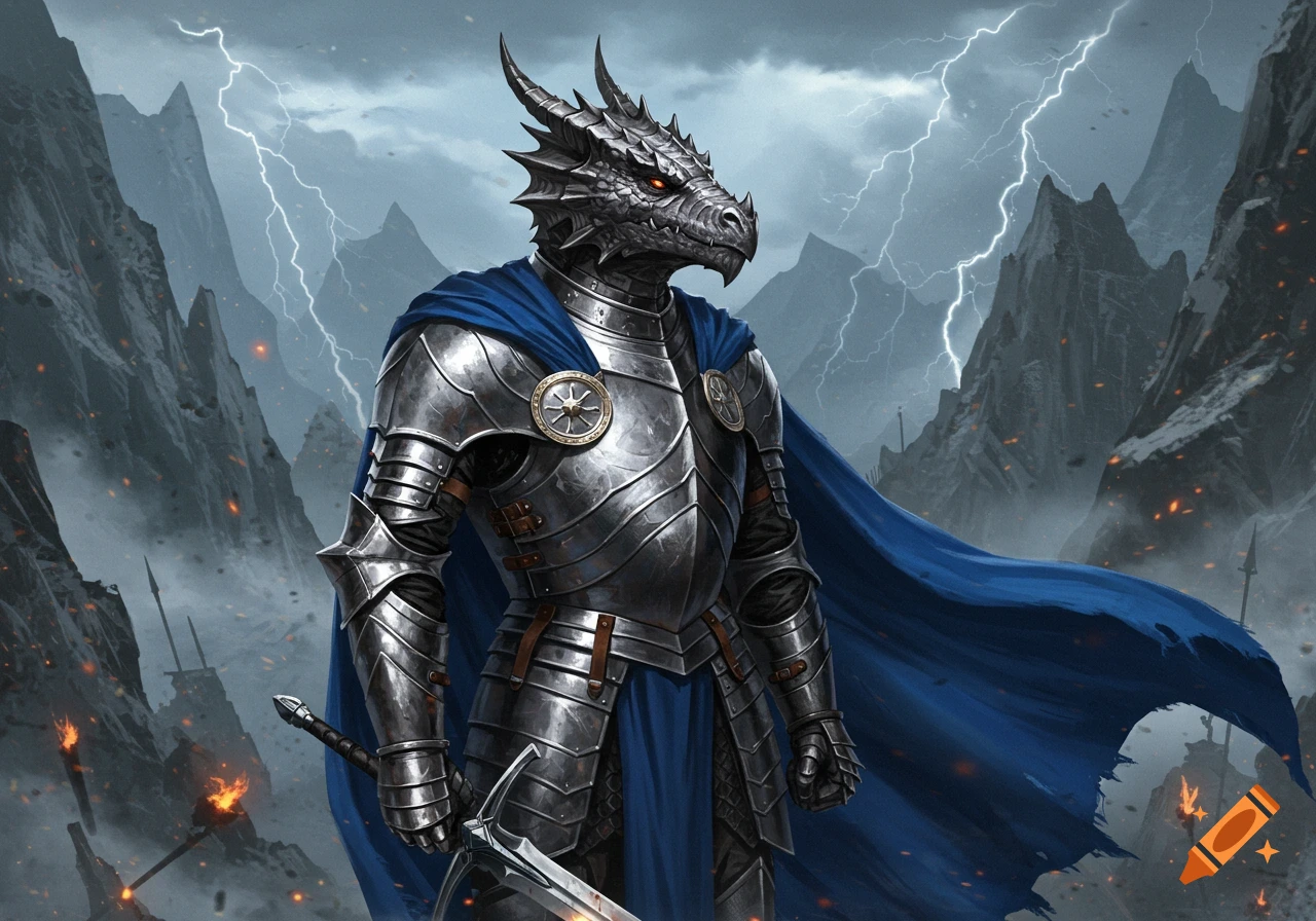 A dragon-headed knight in steel armor and a blue cape stands in a stormy mountainous landscape with lightning.