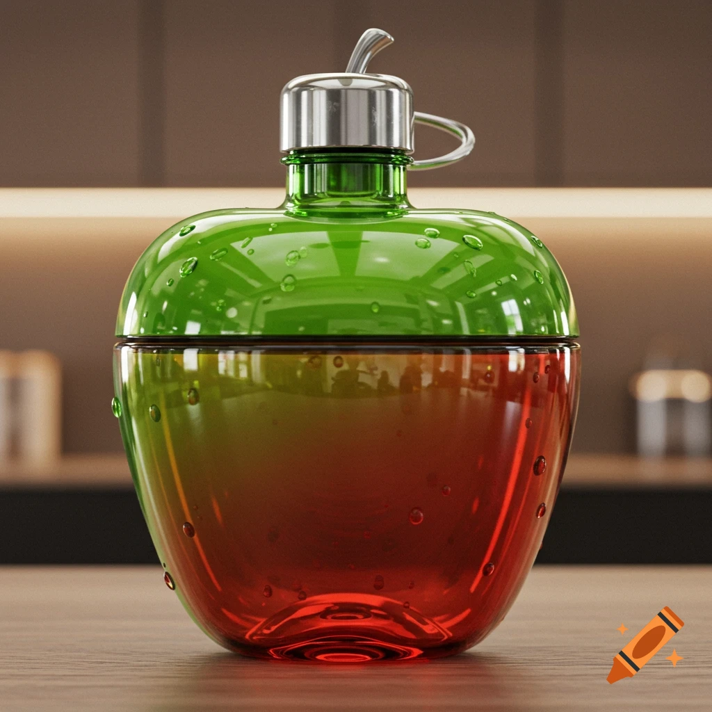 A photorealistic apple-shaped glass bottle, green on top and red on bottom, covered in water droplets, on a wooden surface.
