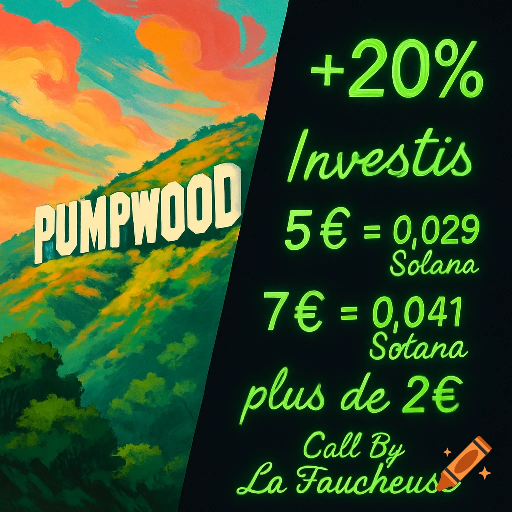 A stylized image split diagonally. Left side shows green hills under an orange sky with "PUMPWOOD" sign. Right side has neon green text on black: "+20% Investis 5\u20ac = 0,029 Solana 7\u20ac = 0,041 Sotana plus de 2\u20ac Call By La Faucheuse"