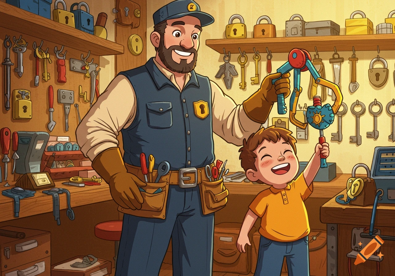 Cartoon illustration of a smiling locksmith and a child in a workshop playing with a mechanical grabber.