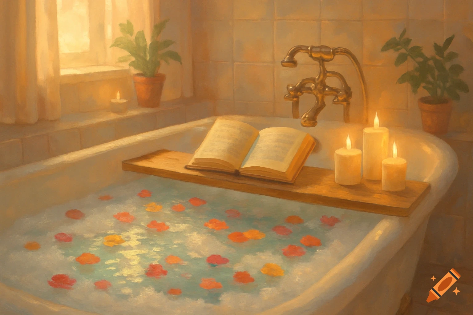 Cozy, painterly bathtub scene with flower petals, bubble foam, lit candles, and an open book on a wooden tray in warm light.