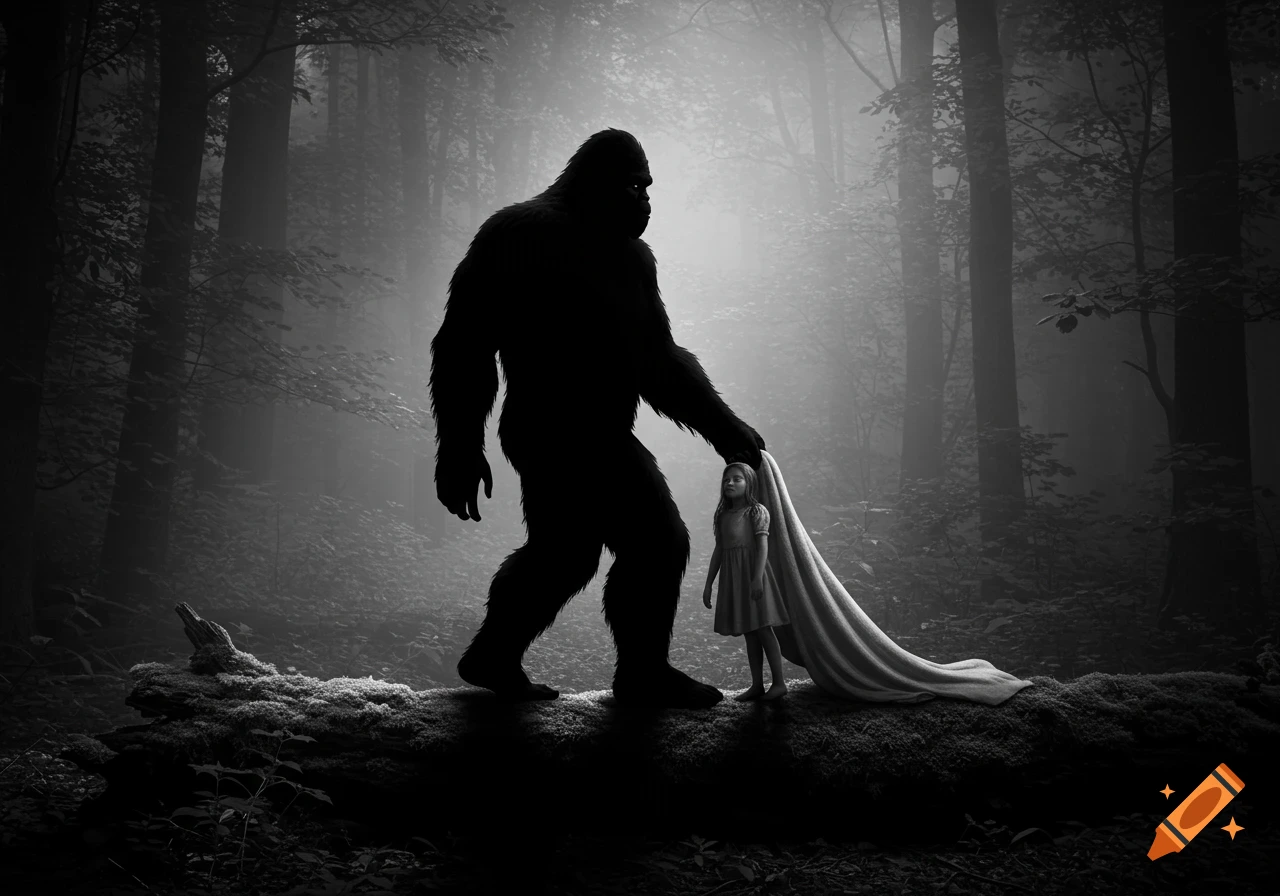 A large silhouette of Bigfoot walks through a misty forest at night, holding a blanket with a small girl who walks beside him on a log.