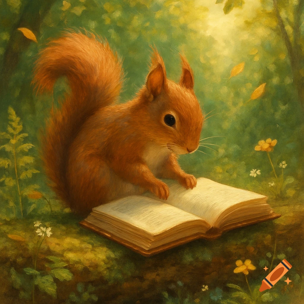 A cute red squirrel sits on mossy ground in a forest, intently reading an open book, in a whimsical style.