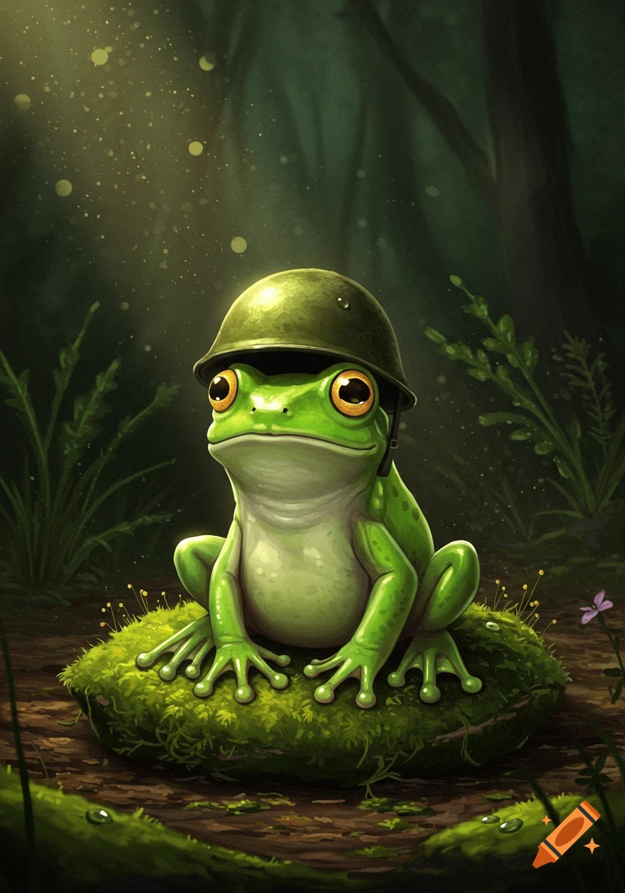 Cartoonish illustration of a cute green frog wearing a military helmet, sitting on a mossy mound in a magical forest.
