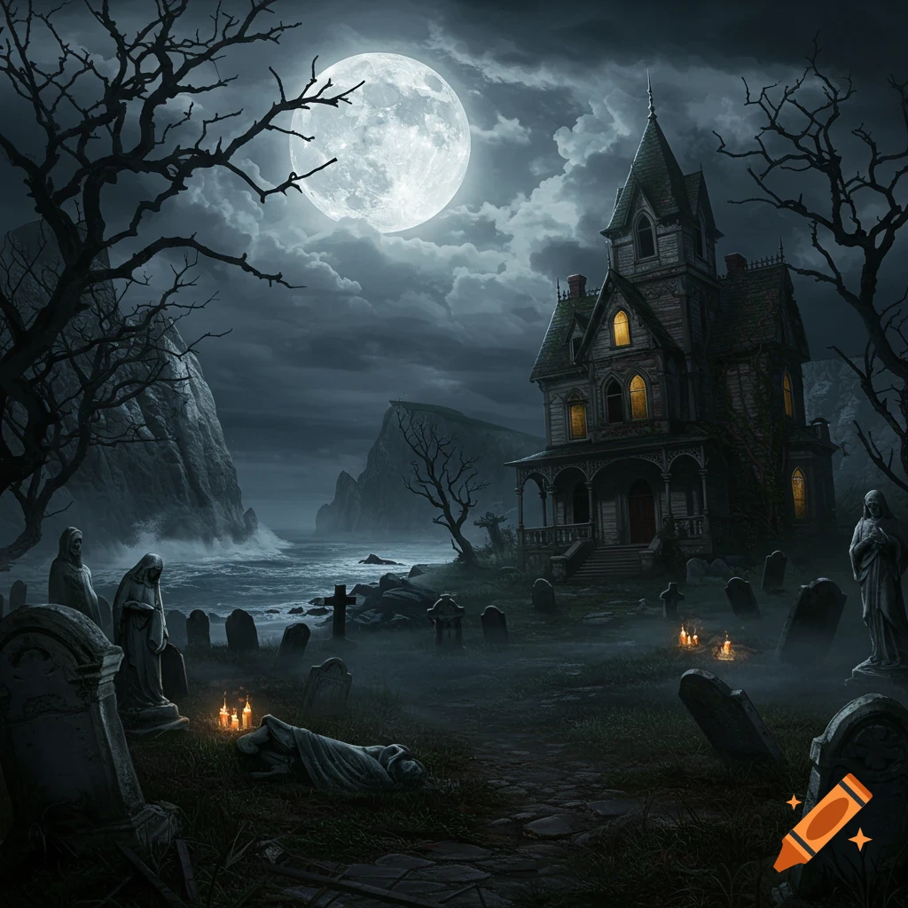A dark, eerie gothic landscape featuring a haunted Victorian mansion, a misty graveyard, a stormy sea, and a large full moon under a cloudy sky.